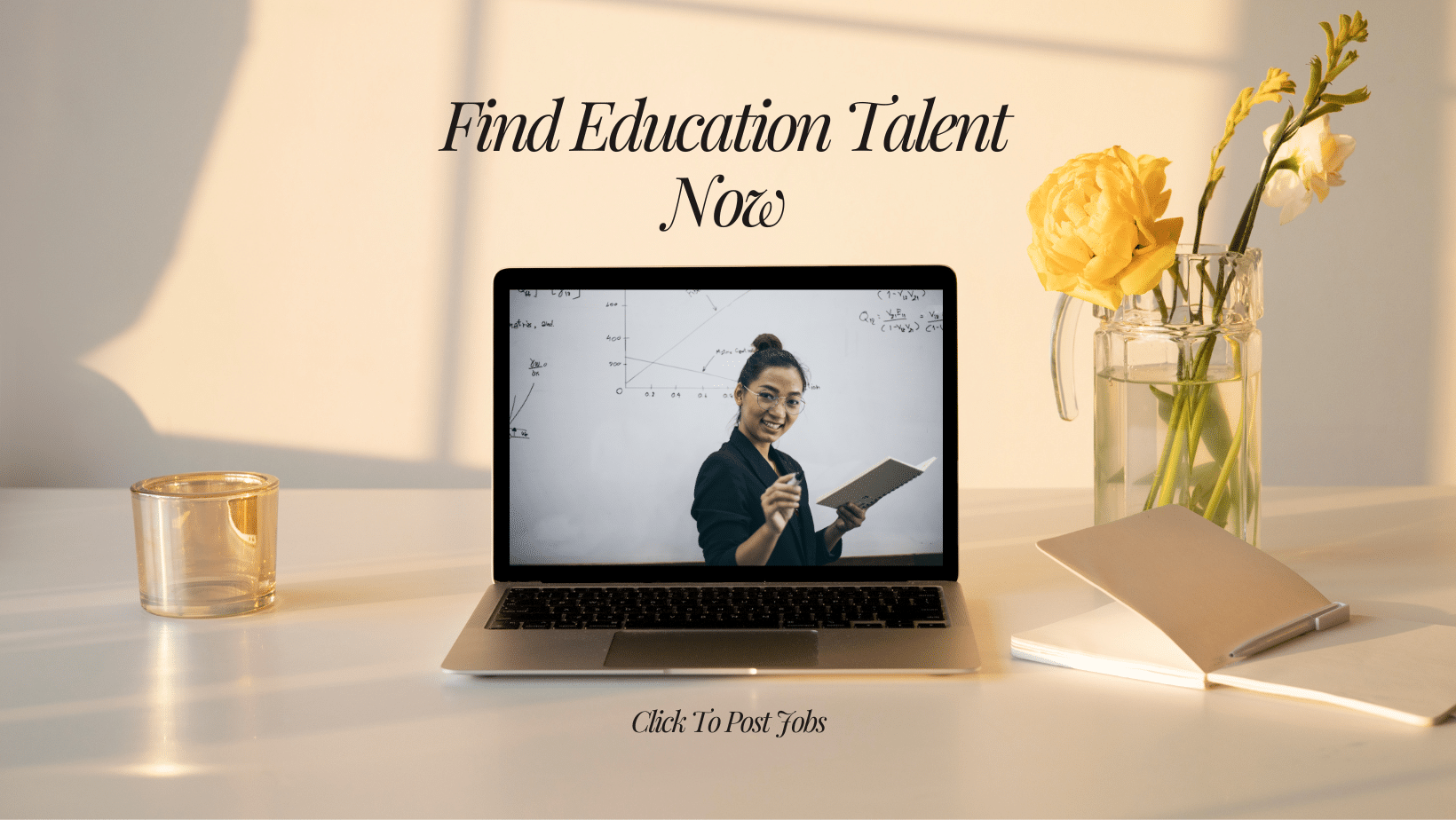 Image that shows a teacher and says Find Education Talent Now post Click Here To Post Jobs