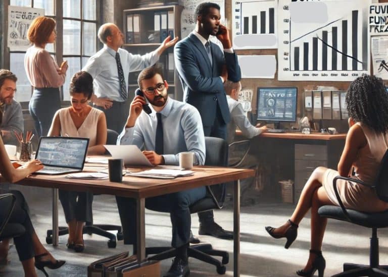 Image that shows five nonprofit workers all talking about the Budget Cuts related to the Foundation List Blog. Two men on phones can be seen, and one man in conversation while a women is seated at a desk.